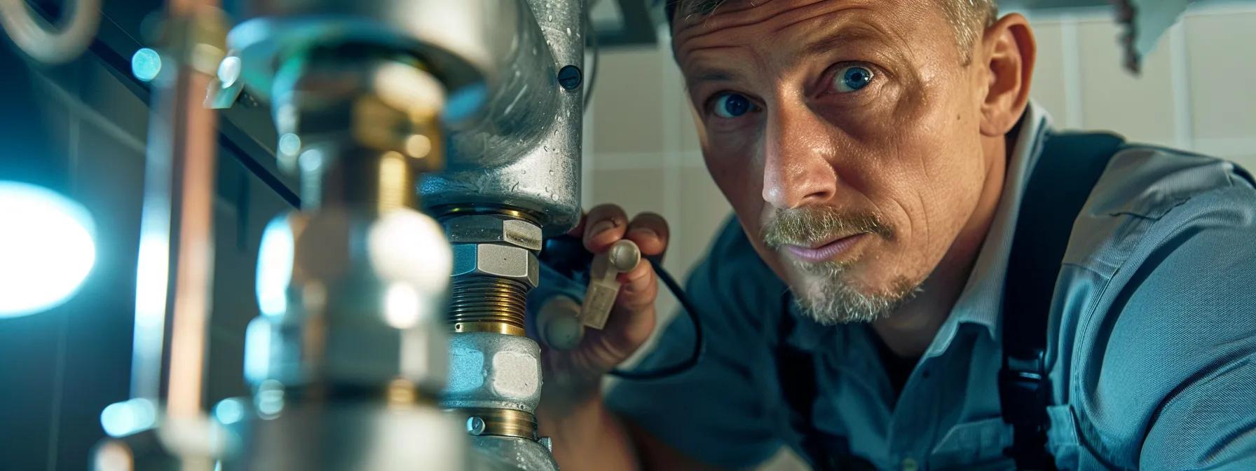 a close-up of a professional plumbing inspector examining intricate pipework in a well-lit, modern greensboro home, showcasing the importance of thorough plumbing assessments.