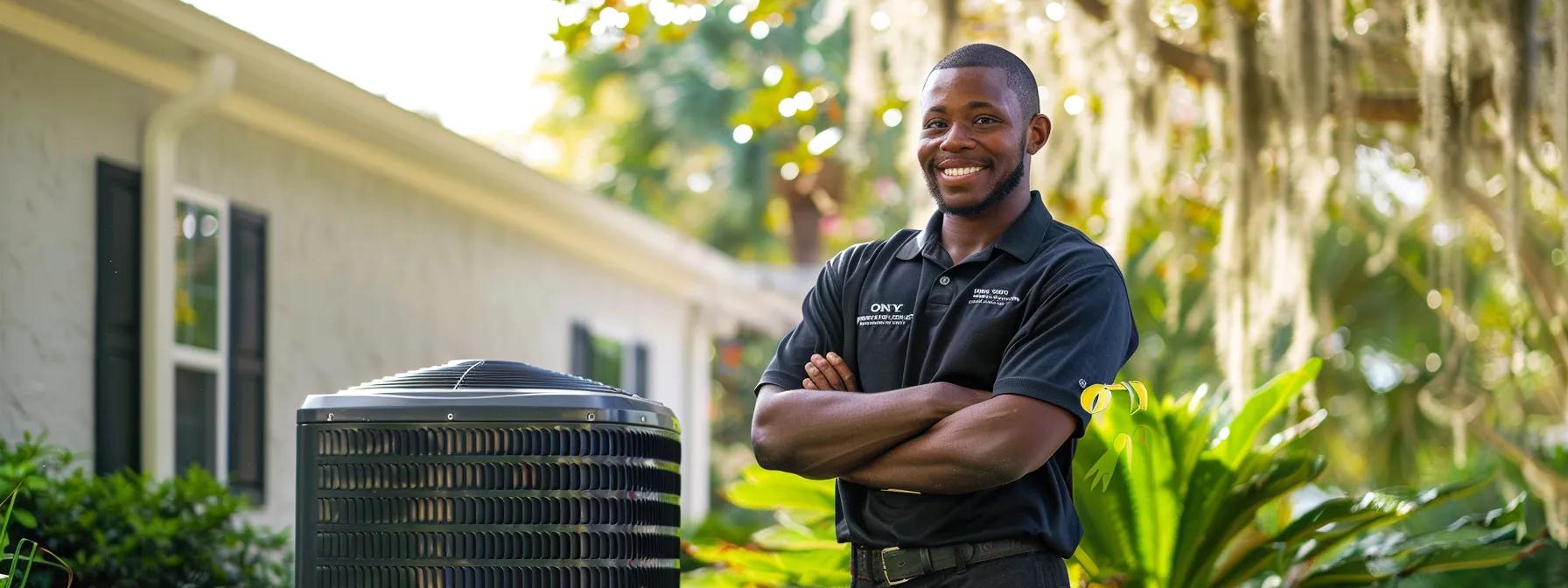 a confident hvac expert stands proudly in front of a sleek, modern air conditioning unit, surrounded by lush greenery under a bright blue sky, conveying expertise and professionalism in greensboro's warm climate.