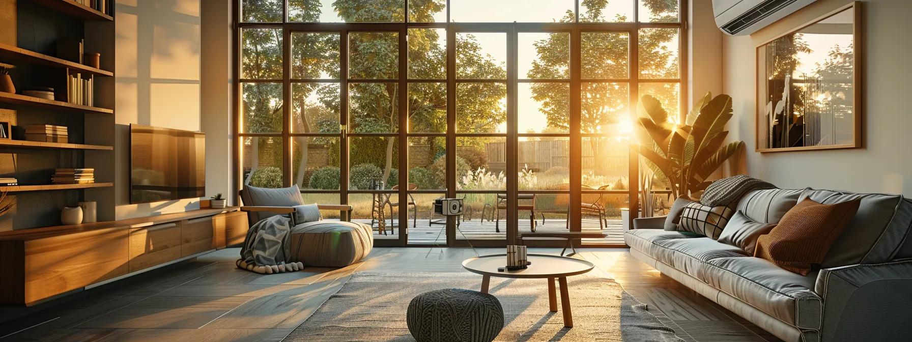 a cozy and inviting living room with a modern hvac unit prominently displayed, basked in warm, natural light streaming through large windows, emphasizing comfort and efficiency in a stylish home environment.