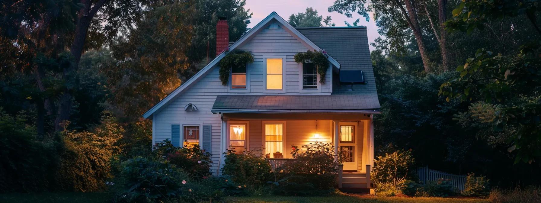 a cozy greensboro home bathed in warm evening light, featuring energy-efficient appliances and solar panels, surrounded by lush greenery to emphasize sustainable living.