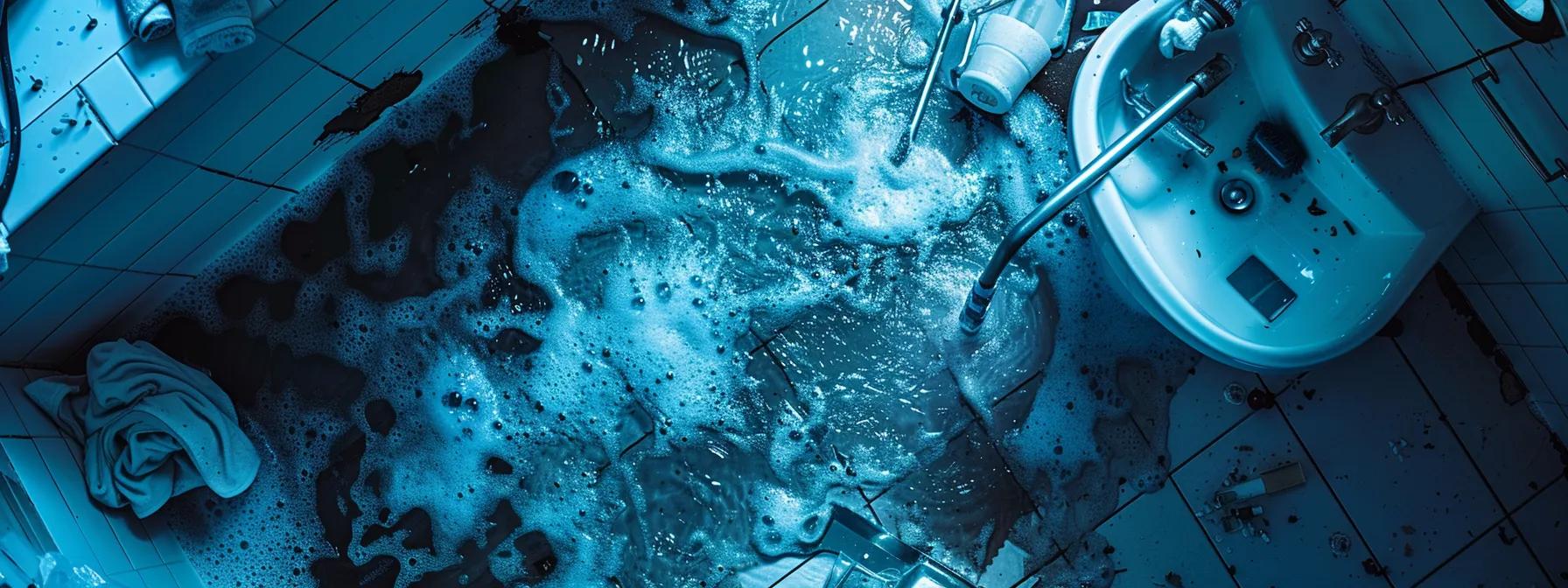 a dramatic close-up of a flooded bathroom floor, showcasing cascading water in vivid blue tones, amid scattered plumbing tools and an emergency response team actively addressing the urgent crisis with focused determination.