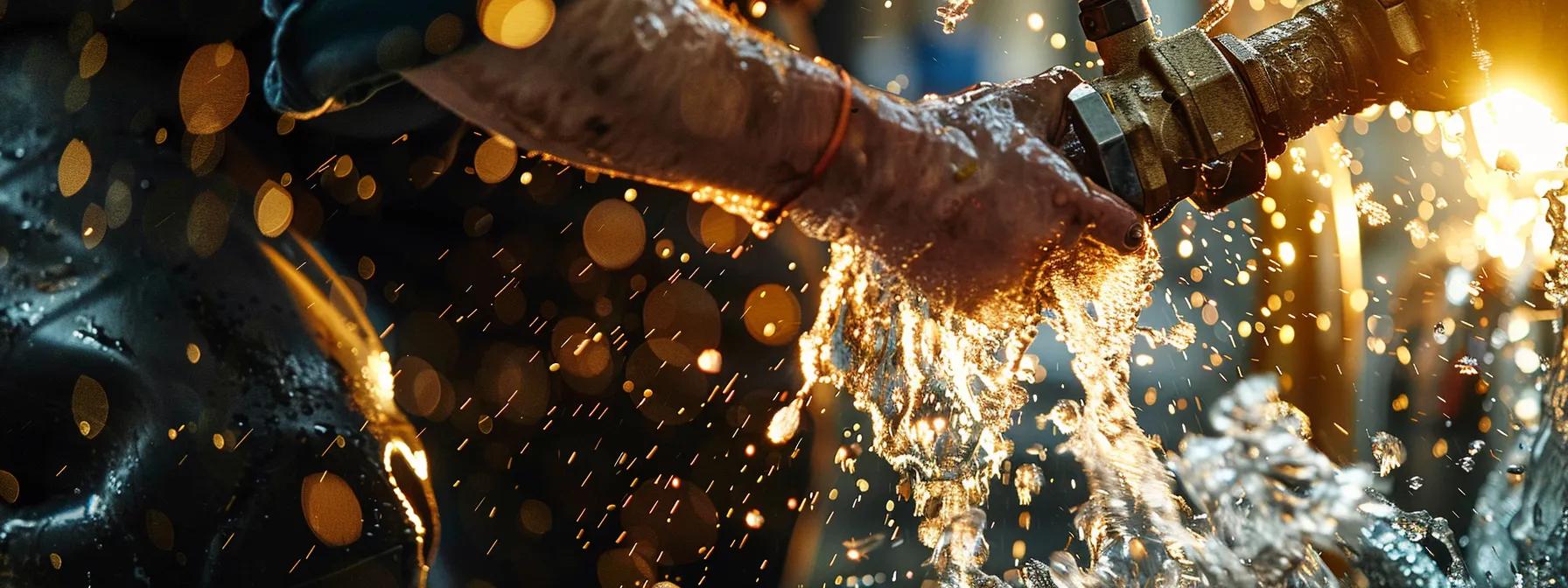 a dramatic close-up of a skilled plumber expertly fixing a burst pipe amidst a backdrop of chaotic water spray, illuminated by warm, golden light highlighting the urgency and professionalism of emergency plumbing services in greensboro.