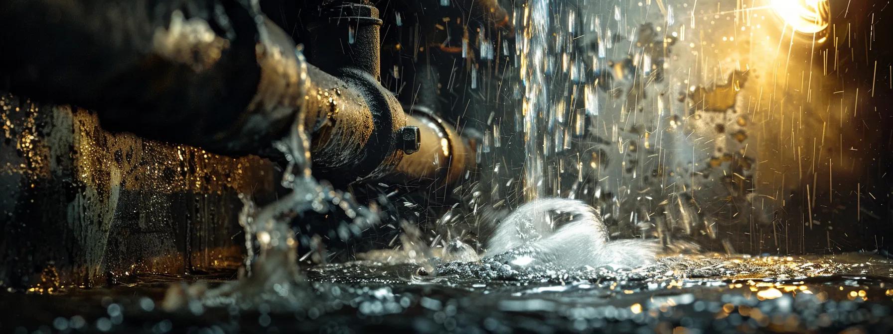 a dramatic close-up of a shimmering pipe bursting with water, highlighting the urgency and chaos of a plumbing emergency, framed by dark, shadowy surroundings and illuminated by a stark overhead light.