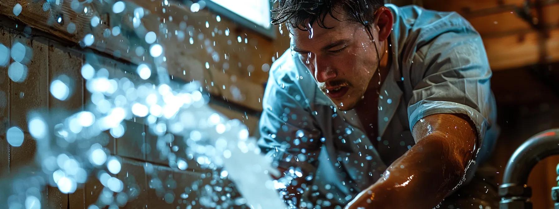 a dynamic and urgent scene of a modern plumbing technician swiftly addressing a major water leak in a dimly lit home, with dramatic lighting highlighting the rushing water and focused expression.