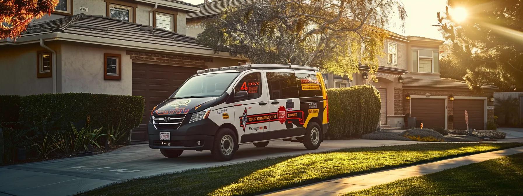 a polished and professional plumbing service van, emblazoned with bold graphics, parked in front of a well-maintained house, illuminated by warm afternoon sunlight to symbolize quality service and reliable solutions.