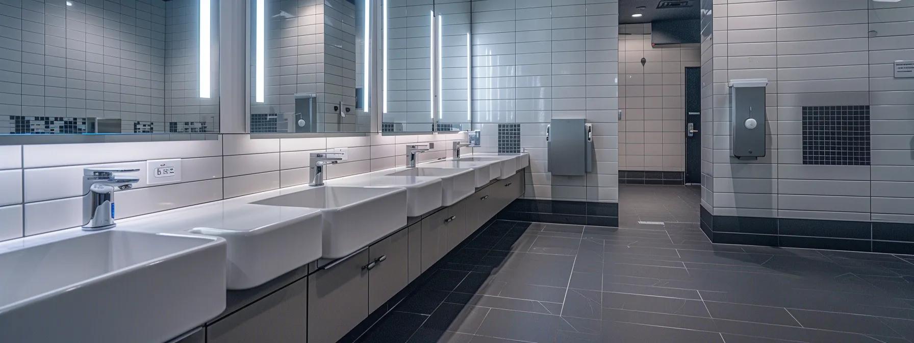 a pristine, modern bathroom features gleaming fixtures and a serene atmosphere, symbolizing the expertise and reliability of licensed plumbing services in greensboro.