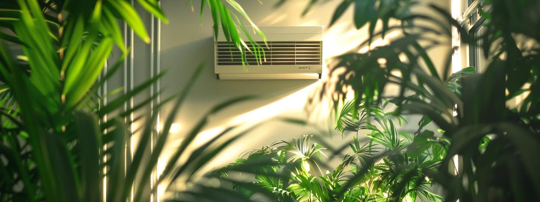 a radiant indoor environment showcases a modern hvac system being expertly maintained, with vibrant green plants in the background symbolizing the harmony of climate control and nature.