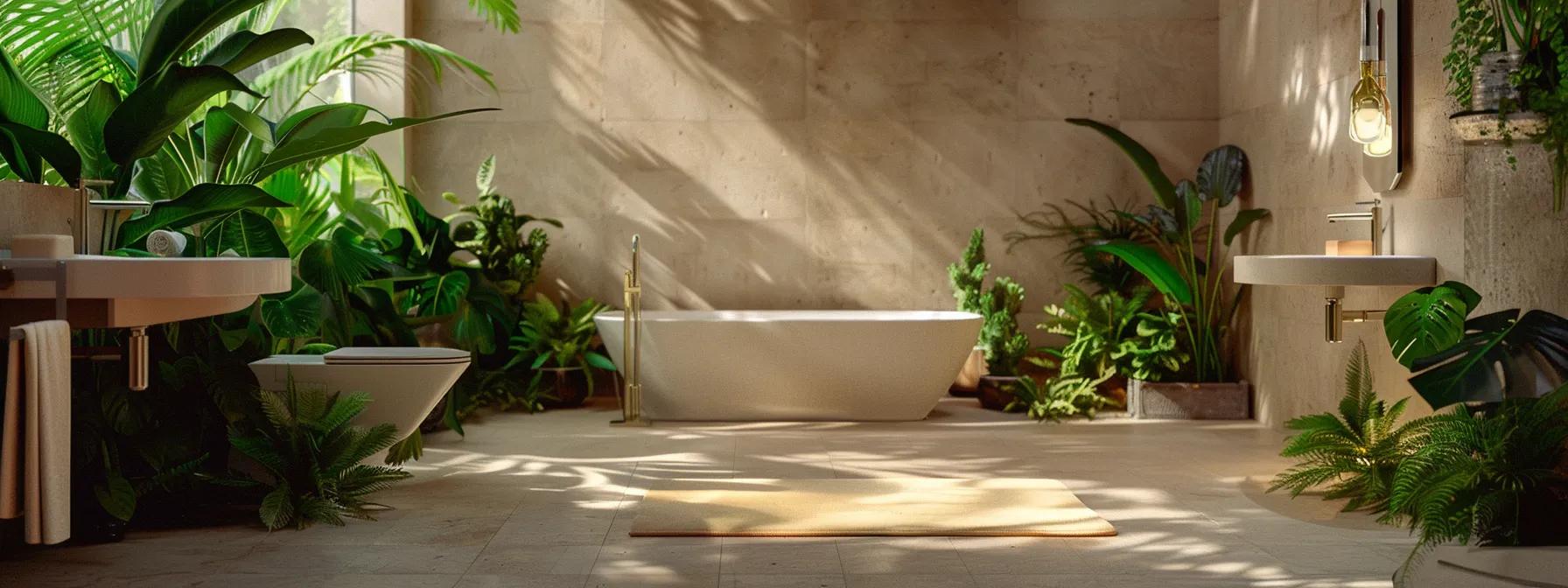 a serene bathroom scene featuring gleaming, modern plumbing fixtures complemented by lush greenery, emphasizing a tranquil and worry-free home environment.