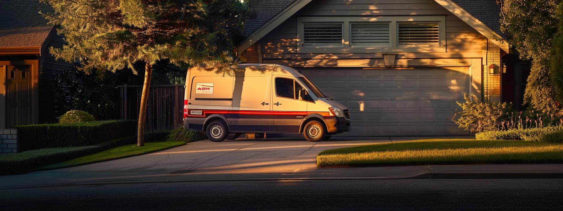 a sleek, modern plumbing service van is parked in front of a charming suburban home, illuminated by the warm glow of the sunset, highlighting the expert craftsmanship of the plumbing on display.