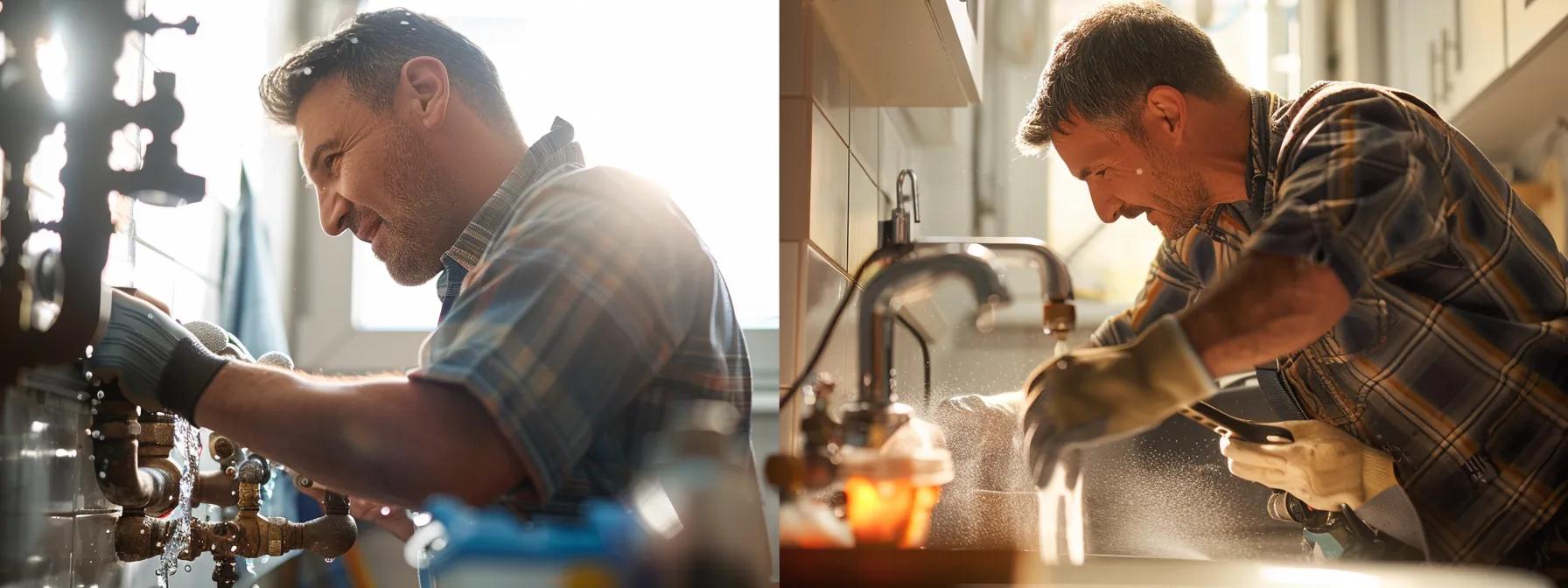 a split-screen image contrasts a professional plumber expertly repairing a leaky pipe with precision tools on one side, while the other side shows a frustrated homeowner attempting a messy diy fix, emphasizing the benefits of professional plumbing services.