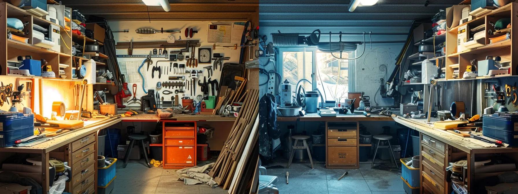 a striking split-scene image contrasts a cluttered diy plumbing workspace filled with tools and materials on one side, and a sleek, professional plumbing setup showcasing an expert in action on the other, highlighting the theme of diy versus professional repairs.