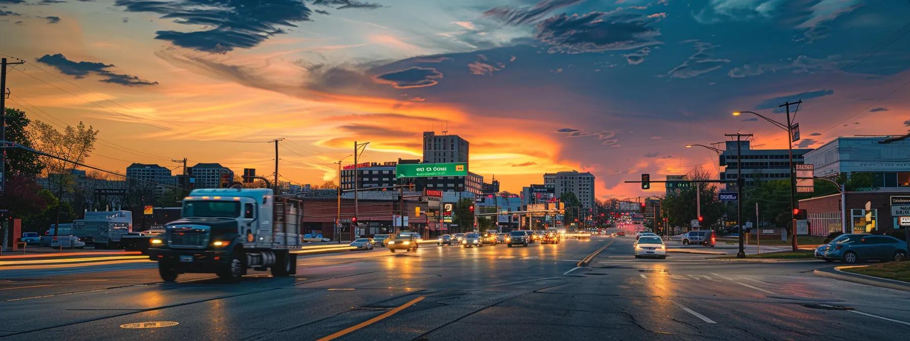 a vibrant, bustling greensboro cityscape at sunset, highlighting a reliable plumbing service truck in the foreground, symbolizing preparedness and community support during emergencies.