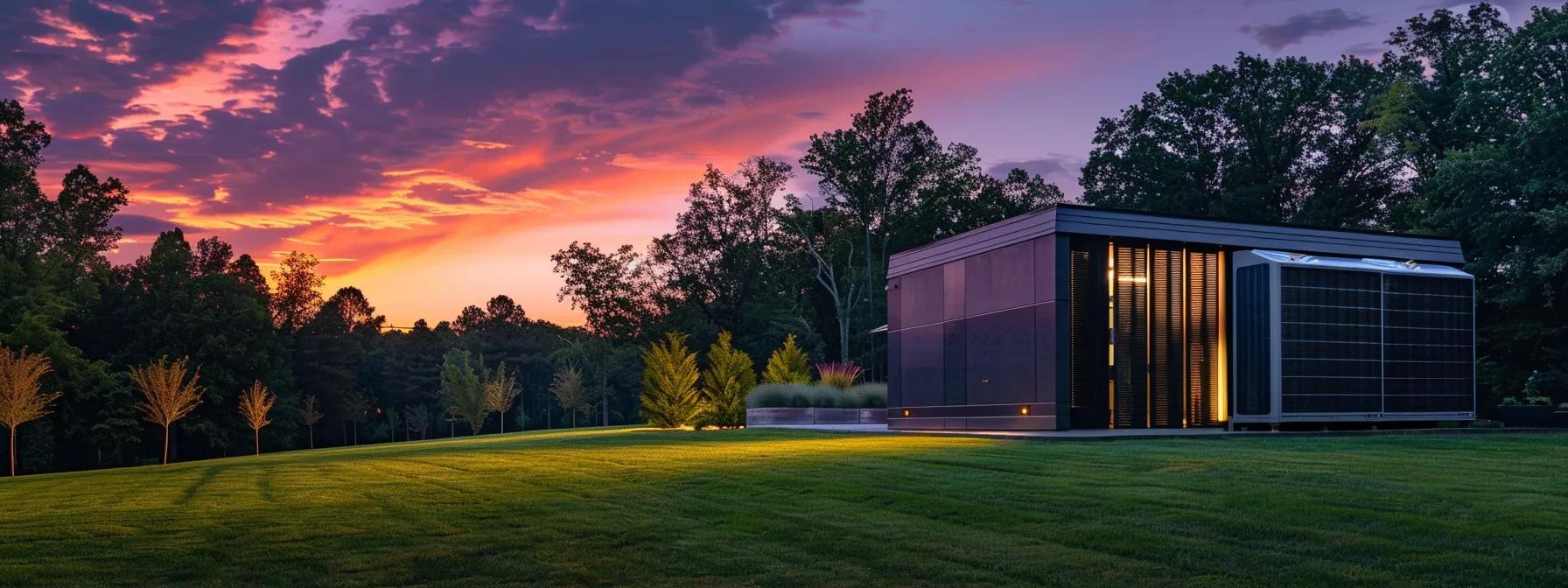 a vibrant, modern hvac system expertly integrated into a sleek, energy-efficient home, surrounded by the lush greenery of greensboro, under a dynamic sky that reflects the region's unpredictable weather changes.