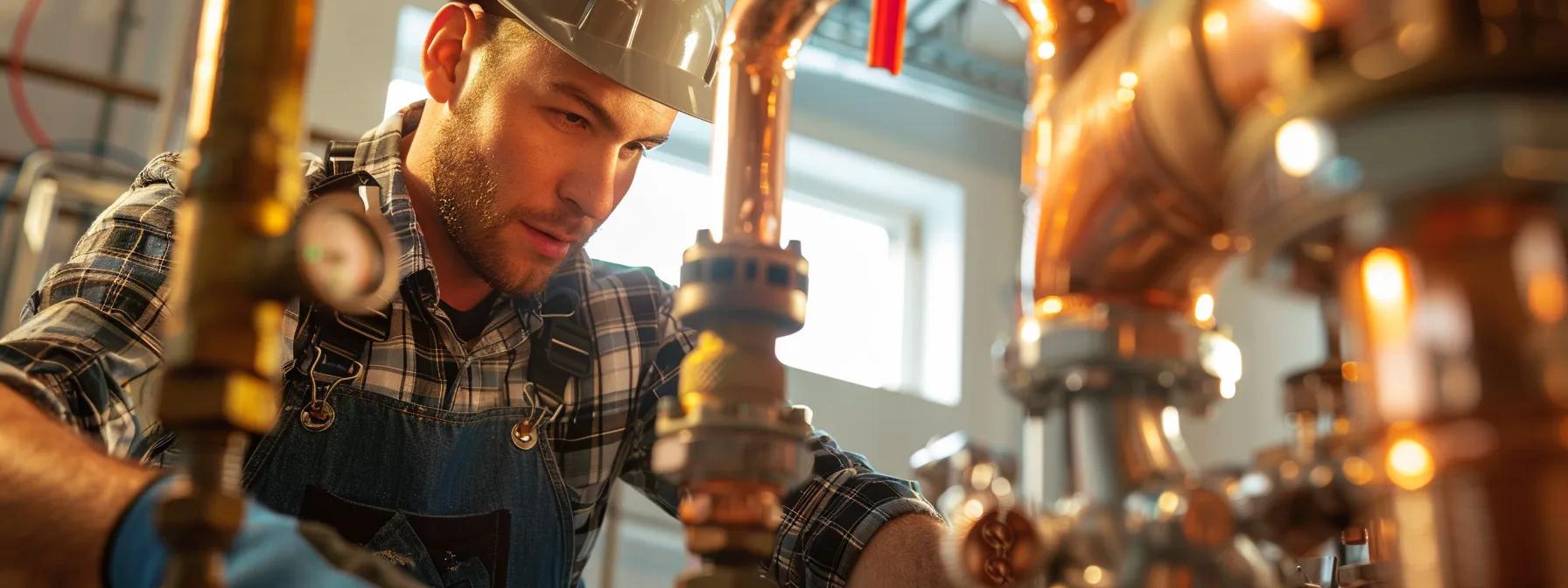 a vibrant plumber at work, surrounded by gleaming copper pipes and modern fixtures, showcases the expertise and professionalism that sets greensboro plumbing contractors apart, illuminated by warm, natural light filtering through an open window.