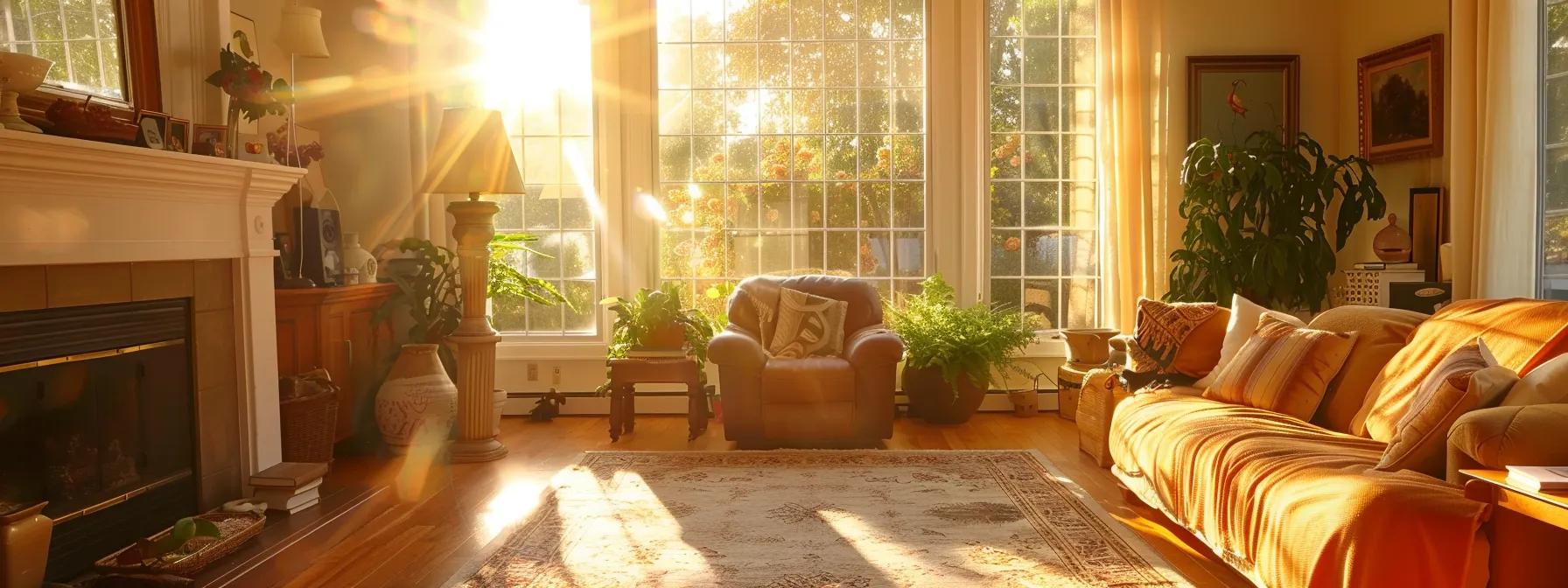 a cozy living room radiates warmth from a well-maintained heating system, with sunlight streaming through the windows, illuminating the inviting, plush furnishings that highlight the benefits of regular heating maintenance.