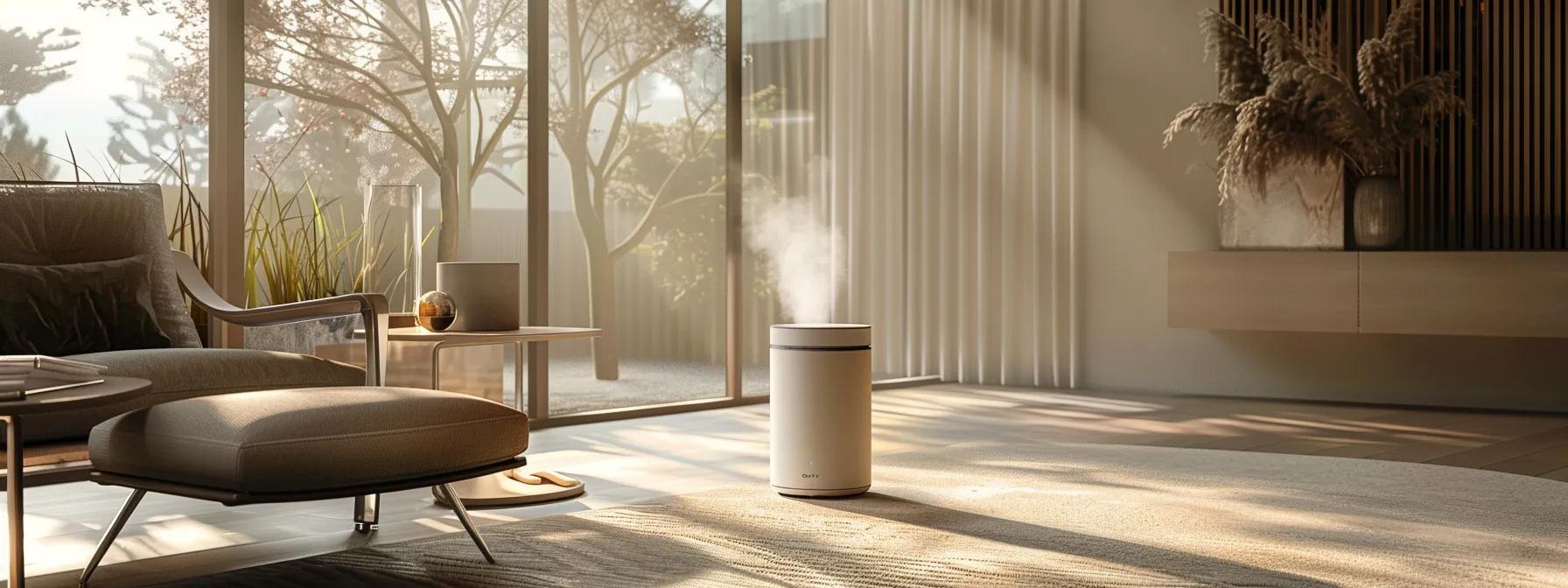 a sleek, modern living room showcases an elegant air purifier beside a stylish humidifier, bathed in warm, natural light filtering through large windows, highlighting the contrast of their designs against a minimalistic backdrop.